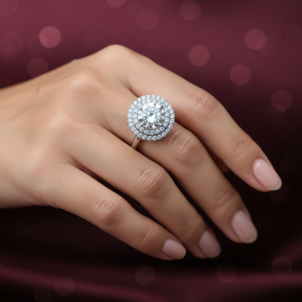 Eon Boutique™ Empress Ring – Solid 18K White Gold | 4ct Double Halo Round Diamond-Style Stone